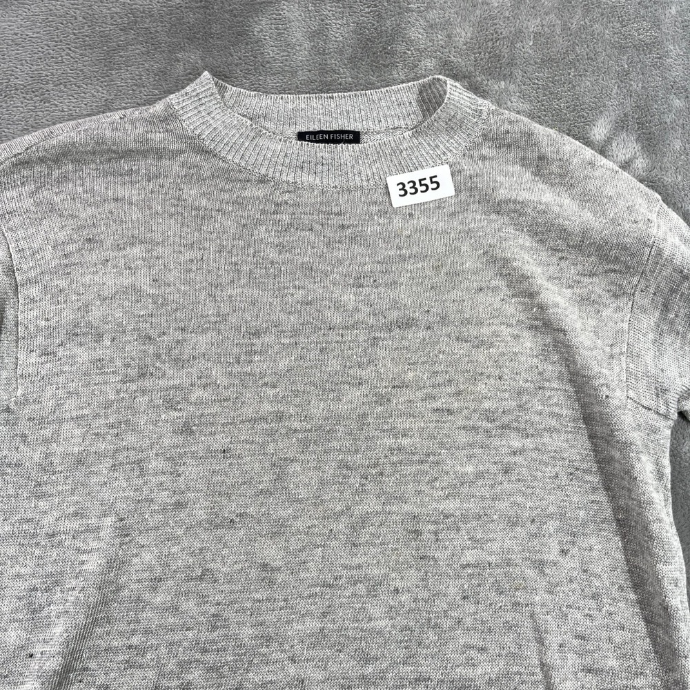 Eileen Fisher Sweater Womens XXS/XS Gray 100% Organic Linen Crew Neck Side Slit